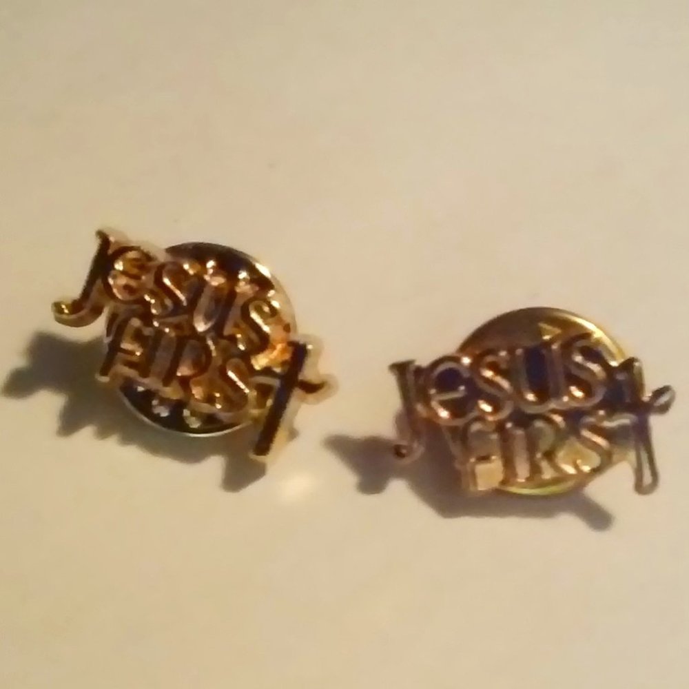 Pin 2 Total Or Tie Tack Pin Unused Gold Reads: Jesus First 3/4" Long